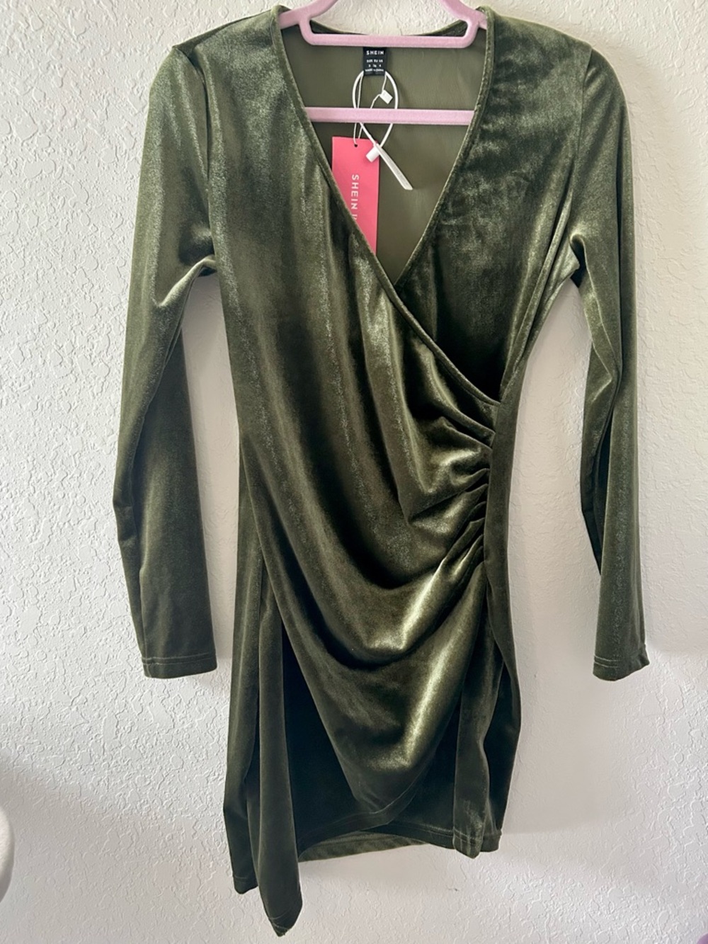 NWT SHEIN Olive Green Velvet Draped Wrap-Style Long Sleeve Dress